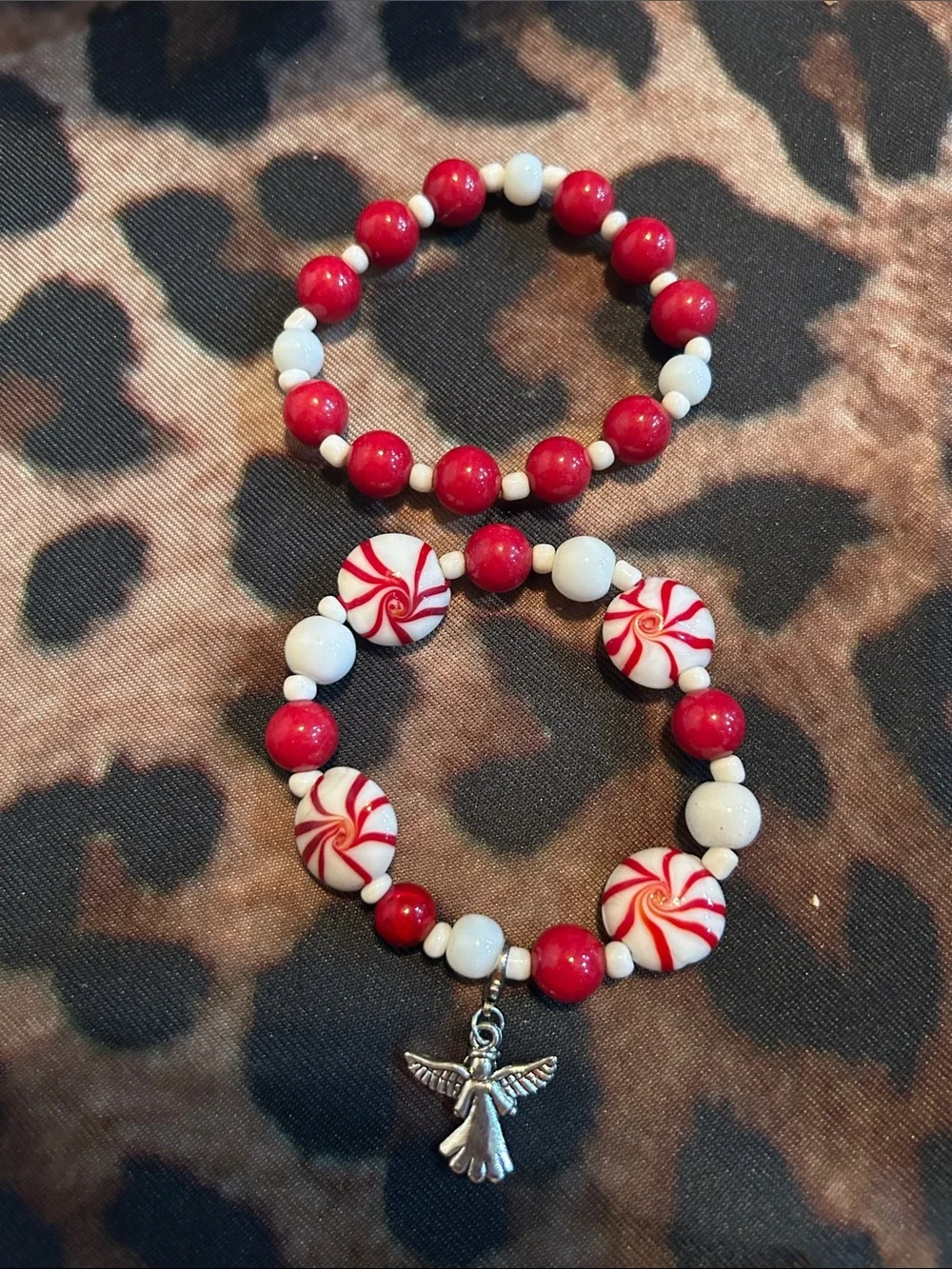 Hand Crafted Red & White Beaded Angel Charm Bracelet